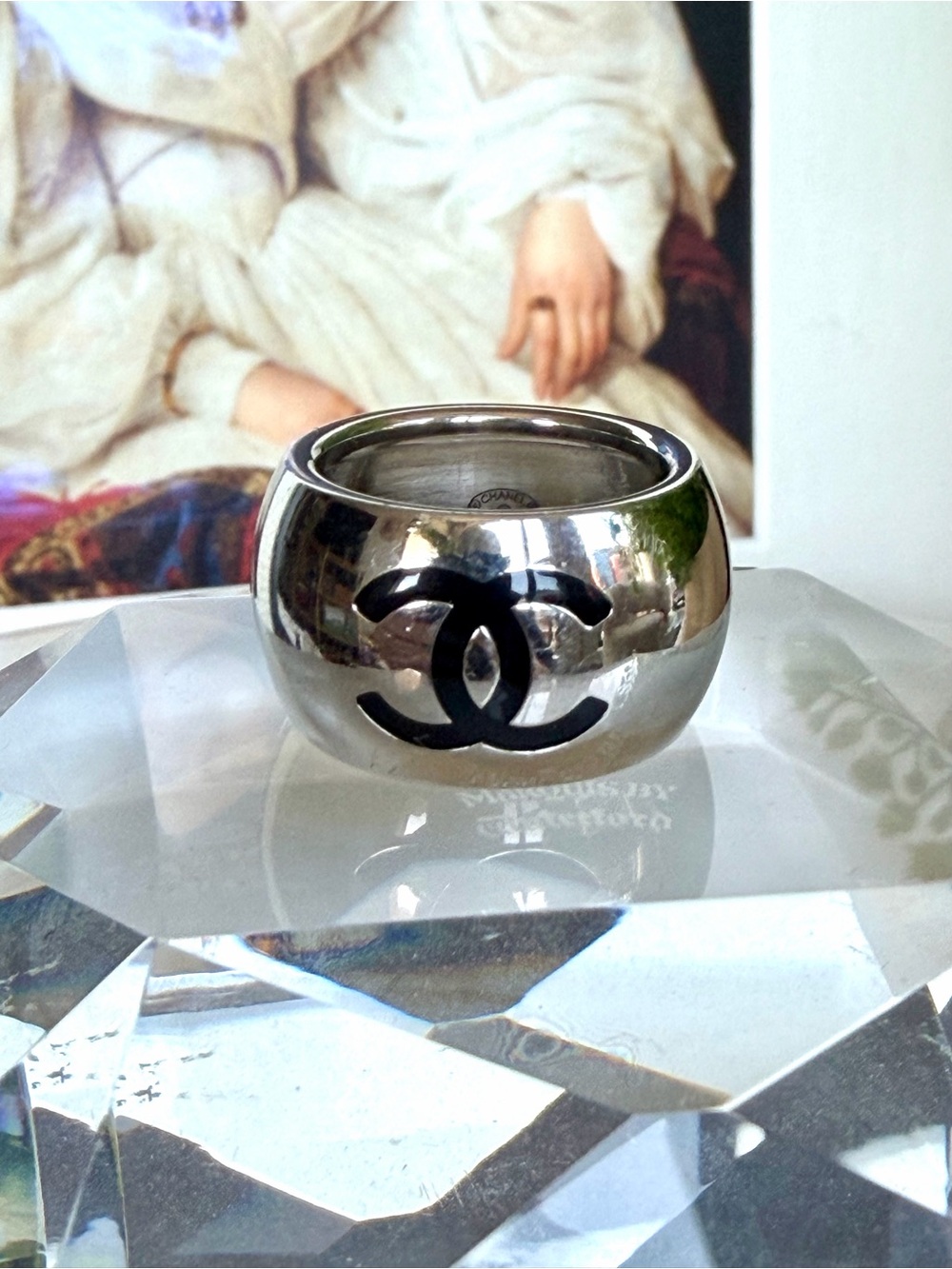CHANEL Silver and Black Enamel Double-sided ring